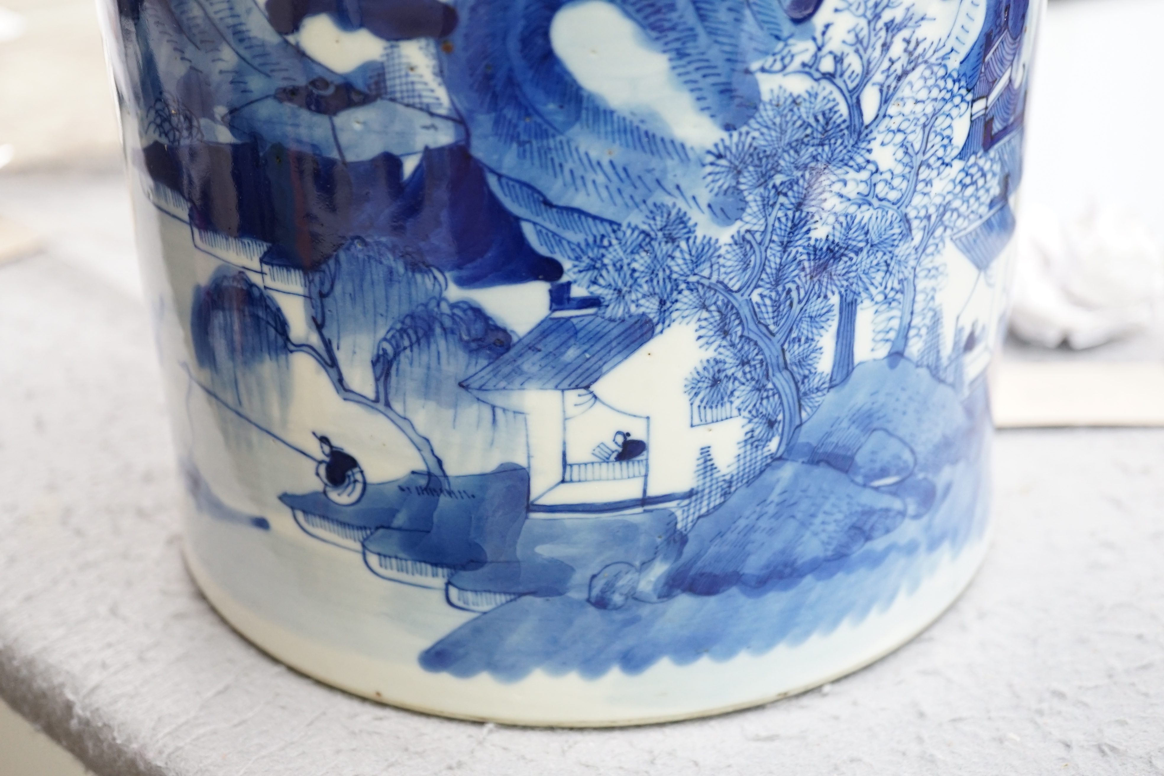 A Chinese blue and white ‘landscape’ cylindrical brushpot, bitong, 19th century